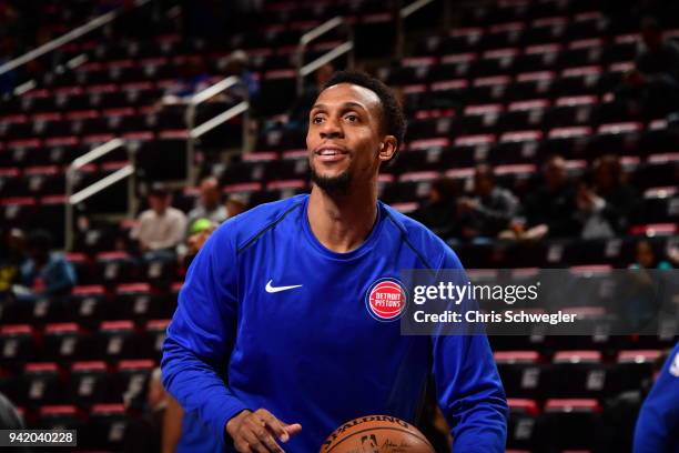 Ish Smith of the Detroit Pistons warms up before the game against the Philadelphia 76ers on April 4, 2018 at Little Caesars Arena in Detroit,...