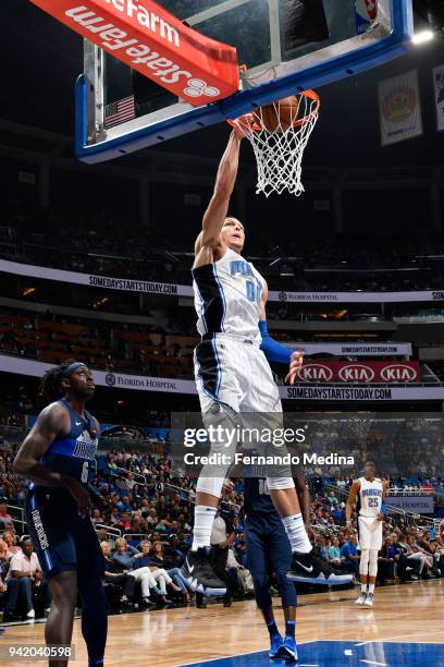 Aaron Gordon of the Orlando Magic dunks the ball during the game against the Dallas Mavericks on April 4, 2018 at Amway Center in Orlando, Florida....