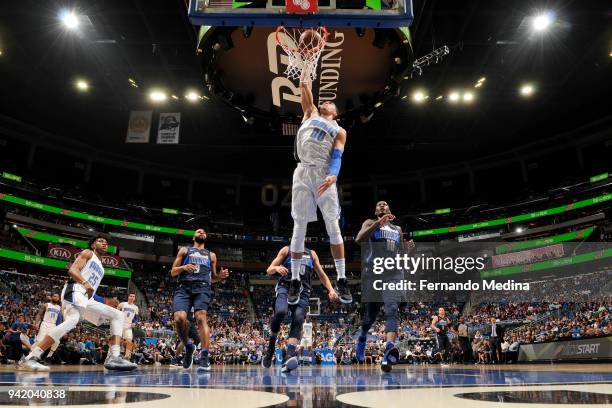 Aaron Gordon of the Orlando Magic dunks the ball during the game against the Dallas Mavericks on April 4, 2018 at Amway Center in Orlando, Florida....