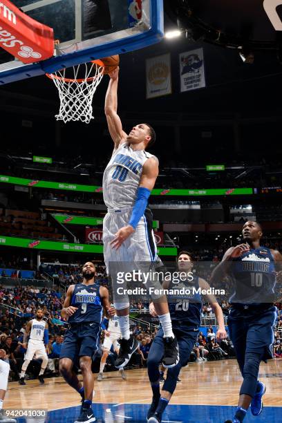 Aaron Gordon of the Orlando Magic dunks the ball during the game against the Dallas Mavericks on April 4, 2018 at Amway Center in Orlando, Florida....