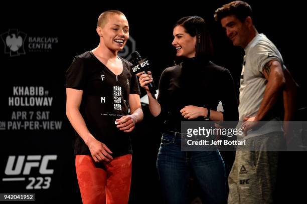 Rose Namajunas interacts with UFC host Megan Olivi during the UFC 223 Open Workouts at the Music Hall of Williamsburg on April 4, 2018 in Brooklyn,...