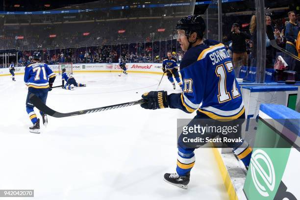 Jaden Schwartz of the St. Louis Blues takes the ice for warmups against the Chicago Blackhawks at Scottrade Center on April 4, 2018 in St. Louis,...