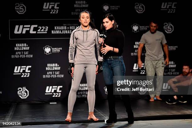 Joanna Jedrzejczyk of Poland interacts with UFC host Megan Olivi during the UFC 223 Open Workouts at the Music Hall of Williamsburg on April 4, 2018...