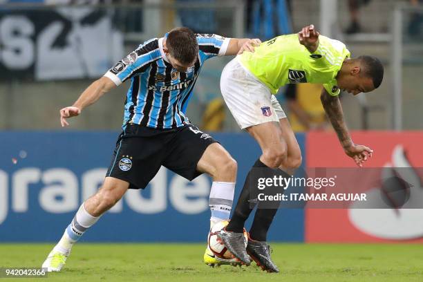 Jhonder Cadiz of Venezuela's Monagas vies for the ball with Walter Kannemann of Brazil's Gremio, during their Copa Libertadores 2018 football match...