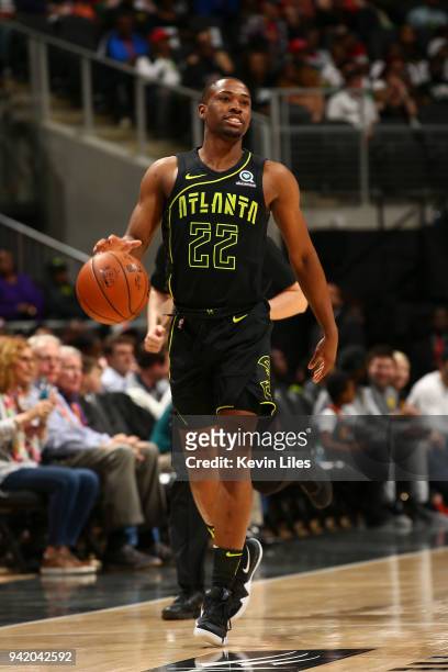 Isaiah Taylor of the Atlanta Hawks handles the ball against the Miami Heat on April 4, 2018 at Philips Arena in Atlanta, Georgia. NOTE TO USER: User...