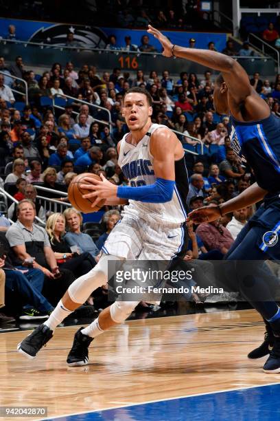 Aaron Gordon of the Orlando Magic handles the ball during the game against the Dallas Mavericks on April 4, 2018 at Amway Center in Orlando, Florida....