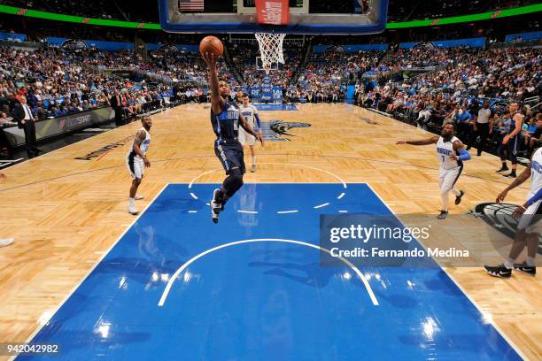 Yogi Ferrell of the Dallas Mavericks shoots the ball during the game against the Orlando Magic on April 4, 2018 at Amway Center in Orlando, Florida....