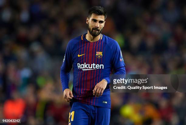 Andre Gomes of Barcelona looks on during the UEFA Champions League Quarter Final Leg One match between FC Barcelona and AS Roma at Camp Nou on April...