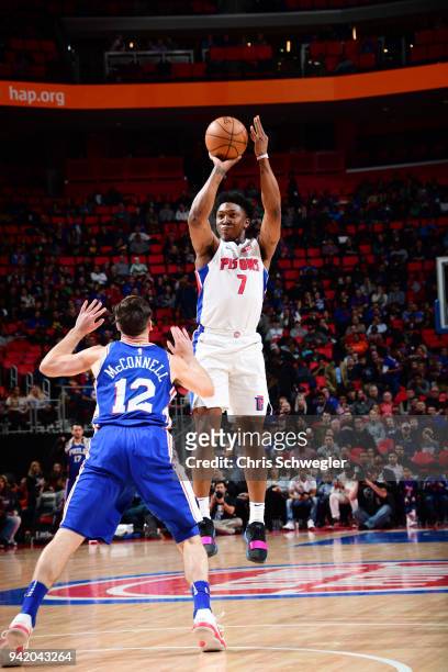Stanley Johnson of the Detroit Pistons shoots the ball against the Philadelphia 76ers on April 4, 2018 at Little Caesars Arena in Detroit, Michigan....