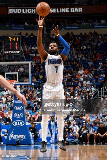 Shelvin Mack of the Orlando Magic shoots the ball during the game against the Dallas Mavericks on April 4, 2018 at Amway Center in Orlando, Florida....