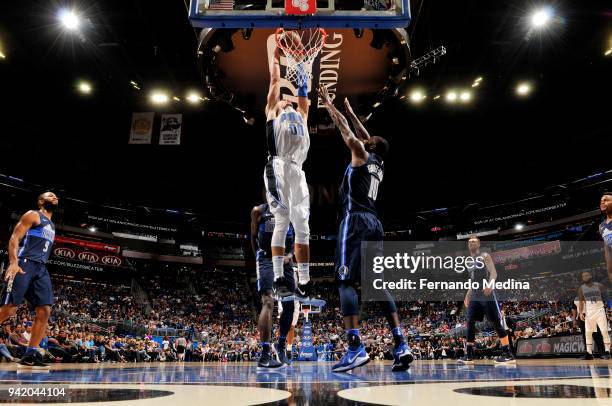 Aaron Gordon of the Orlando Magic dunks the ball during the game against the Dallas Mavericks on April 4, 2018 at Amway Center in Orlando, Florida....