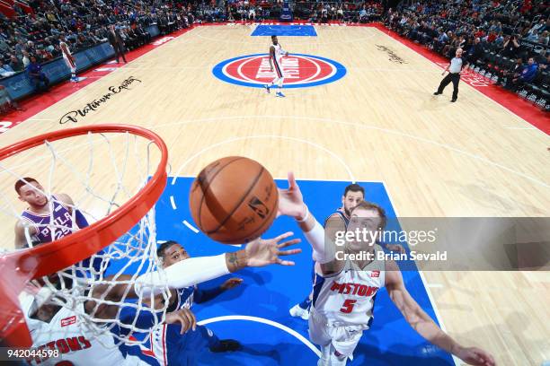 Luke Kennard of the Detroit Pistons shoots the ball against the Philadelphia 76ers on April 4, 2018 at Little Caesars Arena in Detroit, Michigan....