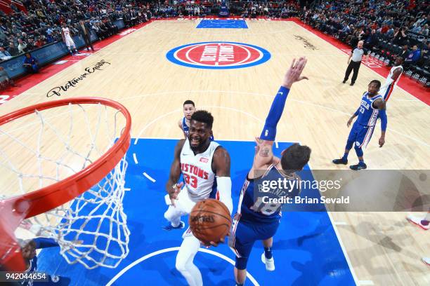 James Ennis III of the Detroit Pistons shoots the ball against the Philadelphia 76ers on April 4, 2018 at Little Caesars Arena in Detroit, Michigan....