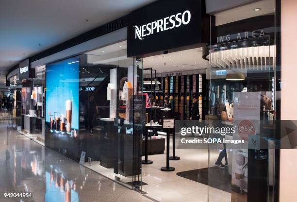 Swiss high-end and world leader in coffee capsules brand, Nespresso, store at Hong Kong's Kowloon Tong shopping mall.