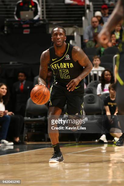 Taurean Prince of the Atlanta Hawks handles the ball against the Miami Heat on April 4, 2018 at Philips Arena in Atlanta, Georgia. NOTE TO USER: User...