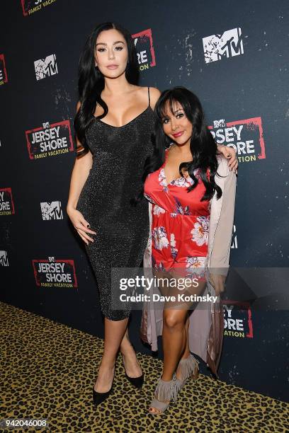 Television personalities Jenni 'JWoww' Farley and Nicole 'Snooki' Polizzi attend MTV's "Jersey Shore Family Vacation" New York premiere party at PHD...