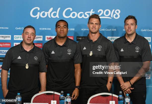 Coach Clarke Laidlaw, Sione Molia, Scott Curry and Tim Mikkelon are seen during the New Zealand Mens Basketball team press conference on day one of...