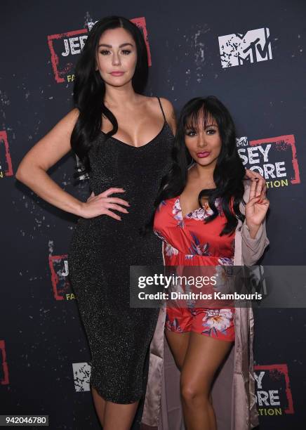 Jenni 'JWoww' Farley and Nicole 'Snooki' Polizzi attend "Jersey Shore Family Vacation" New York Premiere at PHD Rooftop Lounge at Dream Downtown on...