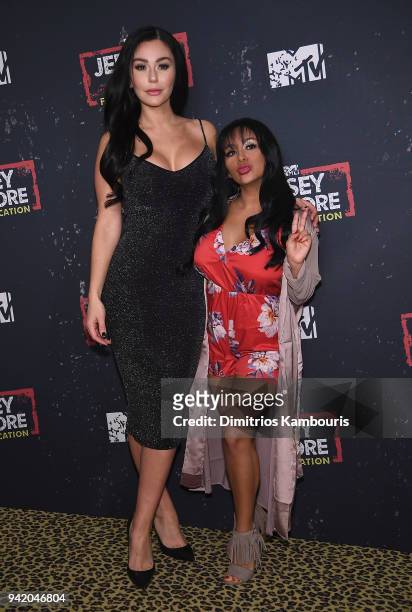 Jenni 'JWoww' Farley and Nicole 'Snooki' Polizzi attend "Jersey Shore Family Vacation" New York Premiere at PHD Rooftop Lounge at Dream Downtown on...