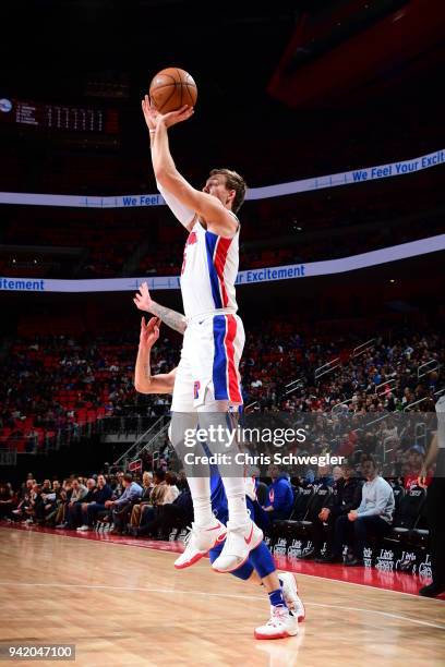 Luke Kennard of the Detroit Pistons shoots the ball against the Philadelphia 76ers on April 4, 2018 at Little Caesars Arena in Detroit, Michigan....