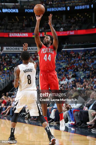 Solomon Hill of the New Orleans Pelicans shoots the ball against the Memphis Grizzlies on April 4, 2018 at Smoothie King Center in New Orleans,...