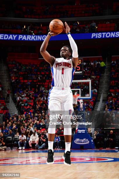 Reggie Jackson of the Detroit Pistons shoots the ball against the Philadelphia 76ers on April 4, 2018 at Little Caesars Arena in Detroit, Michigan....