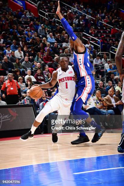 Reggie Jackson of the Detroit Pistons handles the ball against the Philadelphia 76ers on April 4, 2018 at Little Caesars Arena in Detroit, Michigan....