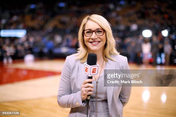 Doris Burke before the game between the Boston Celtics and the Toronto Raptors on April 4, 2018 at the Air Canada Centre in Toronto, Ontario, Canada....