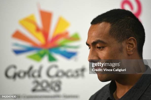 Sione Molia is seen during the New Zealand Mens Basketball team press conference on day one of the Gold Coast 2018 Commonwealth Games at Gold Coast...