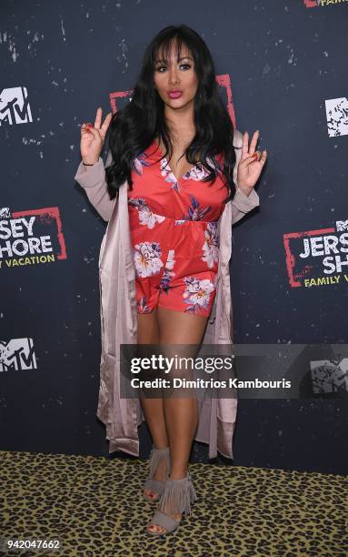 Nicole 'Snooki' Polizzi attends "Jersey Shore Family Vacation" New York Premiere at PHD Rooftop Lounge at Dream Downtown on April 4, 2018 in New York...