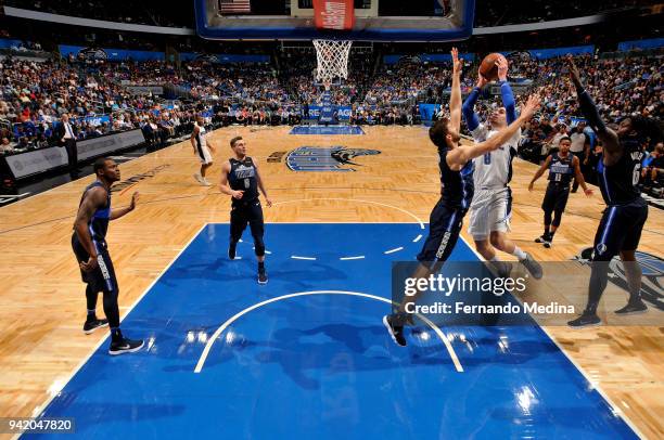 Mario Hezonja of the Orlando Magic shoots the ball during the game against the Dallas Mavericks on April 4, 2018 at Amway Center in Orlando, Florida....