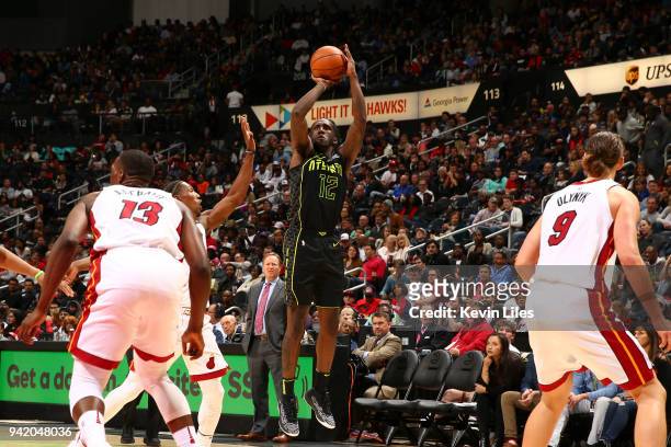 Taurean Prince of the Atlanta Hawks shoots the ball against the Miami Heat on April 4, 2018 at Philips Arena in Atlanta, Georgia. NOTE TO USER: User...