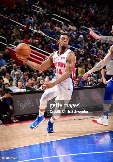 Ish Smith of the Detroit Pistons handles the ball against the Philadelphia 76ers on April 4, 2018 at Little Caesars Arena in Detroit, Michigan. NOTE...