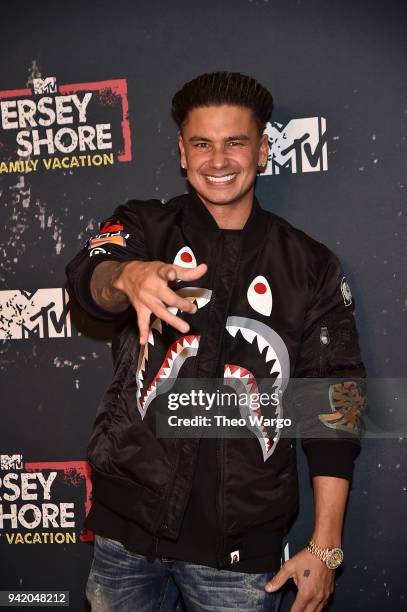 Paul "Pauly D" Delvecchio attends the "Jersey Shore Family Vacation" New York Premiere at PHD Rooftop Lounge at Dream Downtown on April 4, 2018 in...