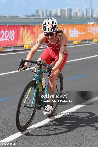 Jennifer Newbery of Isle of Man competes during the Women's Triathlon on day one of the Gold Coast 2018 Commonwealth Games at Southport Broadwater...