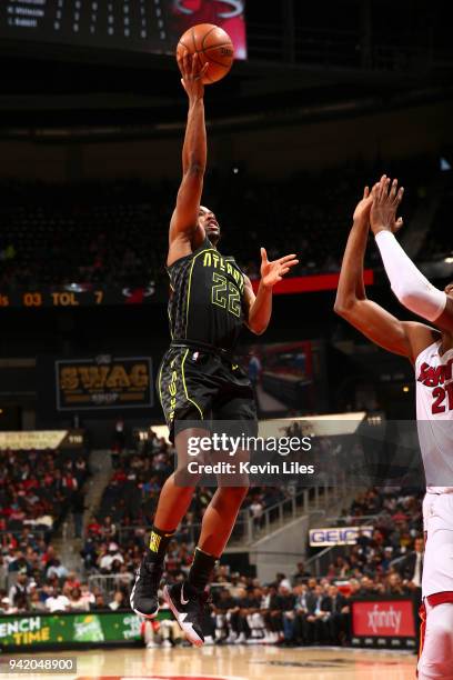 Isaiah Taylor of the Atlanta Hawks shoots the ball against the Miami Heat on April 4, 2018 at Philips Arena in Atlanta, Georgia. NOTE TO USER: User...