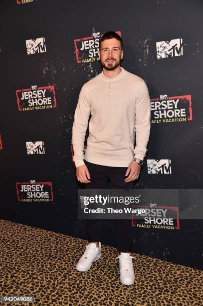 Vinny Guadagnino attends the "Jersey Shore Family Vacation" New York Premiere at PHD Rooftop Lounge at Dream Downtown on April 4, 2018 in New York...