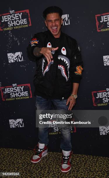 Paul 'Pauly D' DelVecchio attends "Jersey Shore Family Vacation" New York Premiere at PHD Rooftop Lounge at Dream Downtown on April 4, 2018 in New...