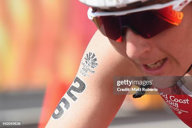 Jennifer Newbery of Isle of Man competes during the Women's Triathlon on day one of the Gold Coast 2018 Commonwealth Games at Southport Broadwater...