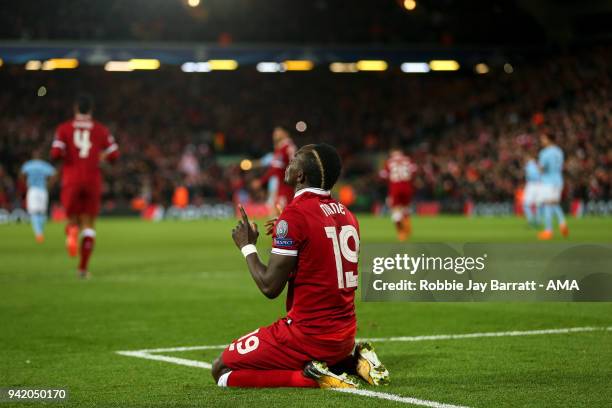 Sadio Mane of Liverpool celebrates after scoring a goal to make it 3-0 during the UEFA Champions League Quarter Final first leg match between...