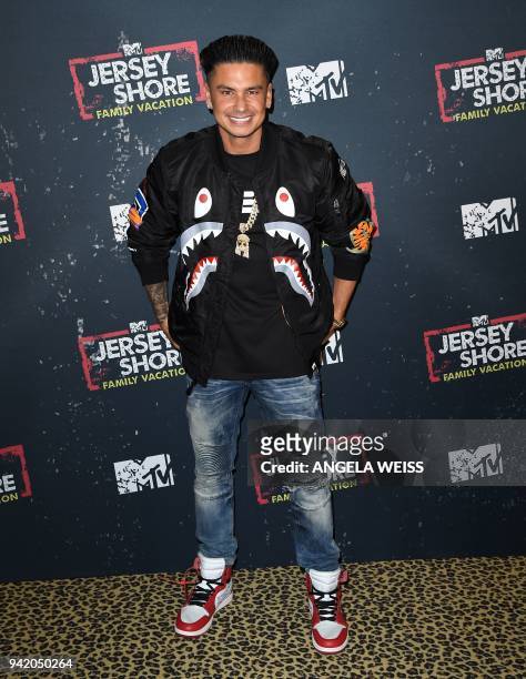 Paul 'Pauly D' Delvecchio attends the 'Jersey Shore Family Vacation' New York Premiere at PHD Rooftop Lounge at Dream Downtown on April 4, 2018 in...