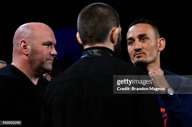 Max Holloway and Khabib Nurmagomedov of Russia face off during the UFC 223 Press Conference at the Music Hall of Williamsburg on April 4, 2018 in...