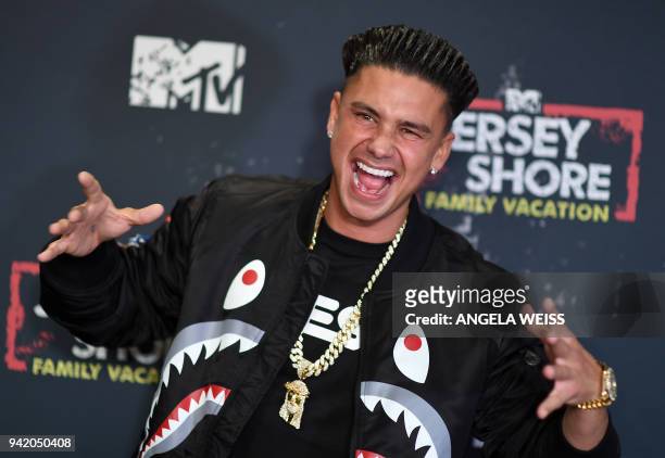 Paul 'Pauly D' Delvecchio attends the 'Jersey Shore Family Vacation' New York Premiere at PHD Rooftop Lounge at Dream Downtown on April 4, 2018 in...