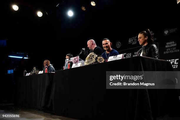 Rose Namajunas, Khabib Nurmagomedov of Russia, UFC President Dana White, Max Holloway and Joanna Jedrzejczyk of Poland interact with media and fans...