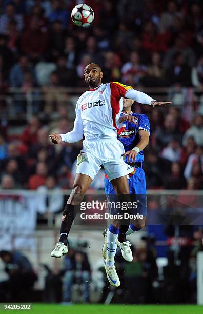 Frederic Kanoute of Sevilla heads the ball during the UEFA Champions League Group G match between Sevilla and Rangers FC at the Sanchez Pizjuan...