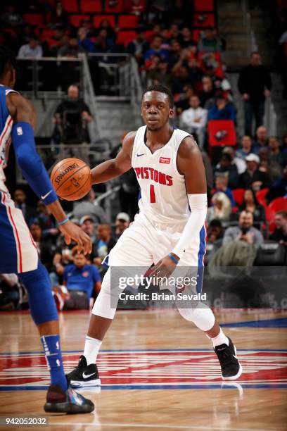 Reggie Jackson of the Detroit Pistons handles the ball against the Philadelphia 76ers on April 4, 2018 at Little Caesars Arena in Detroit, Michigan....