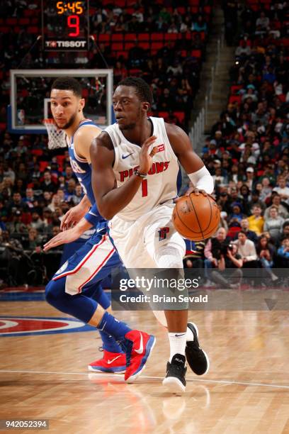 Reggie Jackson of the Detroit Pistons handles the ball against the Philadelphia 76ers on April 4, 2018 at Little Caesars Arena in Detroit, Michigan....