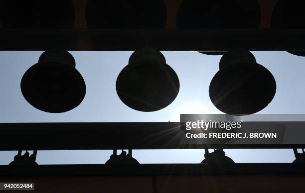 Bells are seen at the Cathedral of Our Lady of Angels in downtown Los Angeles, California where the main bell tolled 39 times on April 4 in honour of...