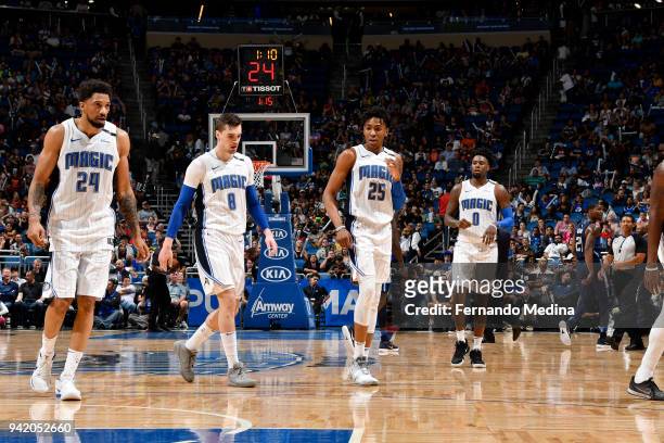 Khem Birch Mario Hezonja Wesley Iwundu and Jamel Artis of the Orlando Magic look on during the game against the Dallas Mavericks on April 4, 2018 at...