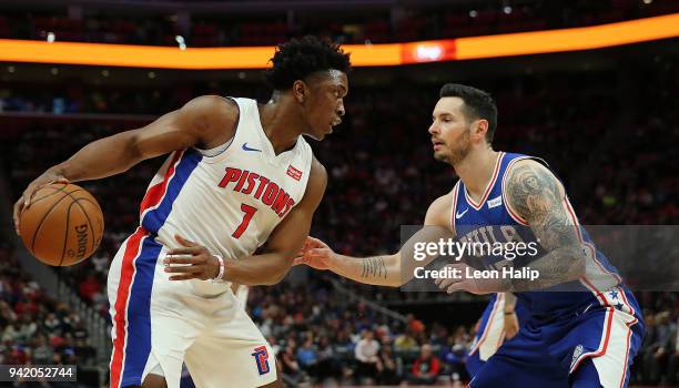 Stanley Johnson of the Detroit Pistons looks to drive the ball to the basket as JJ Redick of the Philadelphia 76ers defends during the third quarter...